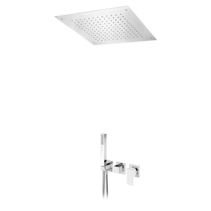 Sistema embutido de duche com chuveiro em INOX, de embutir no tecto 500×500 mm (Chuva) e chuveiro mão – Bruma Linea 182 427 1CR