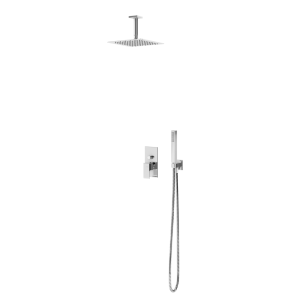Sistema embutido de duche com chuveiro fixo UltraThin com 250×250 mm em inox e braço 100 mm e kit de chuveiro mão Quadra – Bruma Linea 182 565 1CR